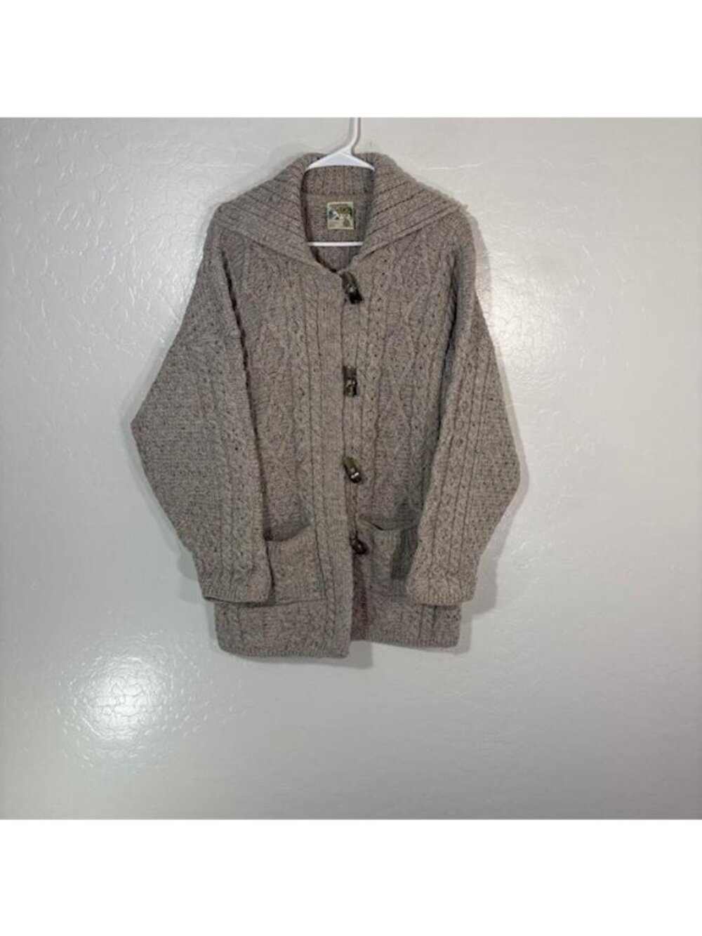 Connemara Knitwear Cardigan Womens Large Beige Wool Collared Cable Knit Ireland
